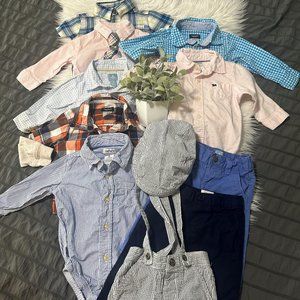 7 boys button ups, 2 dress pants and overalls with matching hat. 3-6/6 mo. [3F]